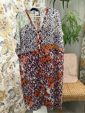 CAbi Multicolor Animal Print V-Neck Midi Dress Summer Large Camisole Included